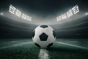 view Soccer ball on empty field illuminated by overhead lights, evoking anticipation and excitement