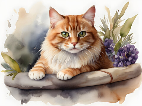 Amazing Illustration Art of a cat watercolor painting of a cat on a transparent background, 