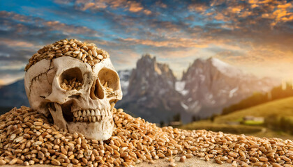 Skull, food, wheat, grain, deforestation, food insufficiency cereal, dry, food challenges, brown, seeds, raw, agriculture, crops food, ,skull in the desert, background, wallpaper - obrazy, fototapety, plakaty