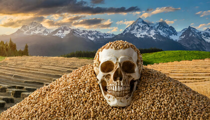 Skull, food, wheat, grain, deforestation, food insufficiency cereal, dry, food challenges, brown, seeds, raw, agriculture, crops food, ,skull in the desert, background, wallpaper - obrazy, fototapety, plakaty