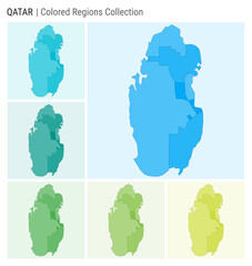 Qatar map collection. Country shape with colored regions. Light Blue, Cyan, Teal, Green, Light Green, Lime color palettes. Border of Qatar with provinces for your infographic. Vector illustration.