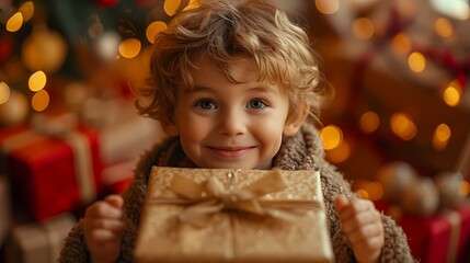 A young boy with a huge grin on his face as he opens a present on Christmas morning - obrazy, fototapety, plakaty