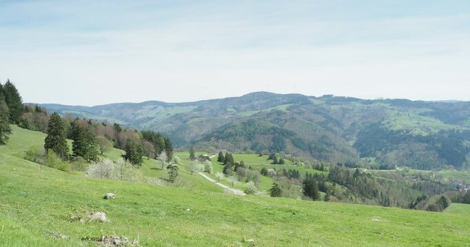 Zeller Bergland im südschwarzwald. Frühlingslandschaften mit den steilen Almen des Zeller Blauen und der kurvenreichen Straße nach Zell im Wiesental mit Blick auf Gersbach und seine Windräder