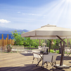 Resort & Restaurant Area with Outdoor Greening and Beautifull View Over the Sea (focus) - 3D Visualization - 785550839