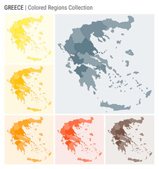 Greece map collection. Country shape with colored regions. Blue Grey, Yellow, Amber, Orange, Deep Orange, Brown color palettes. Border of Greece with provinces for your infographic.