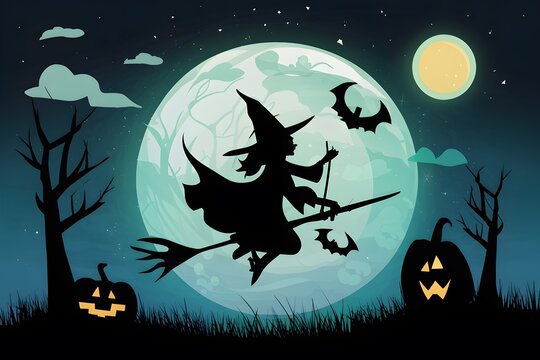 Witch flying in night sky paper cut design, adding mystical charm to Halloween decorations