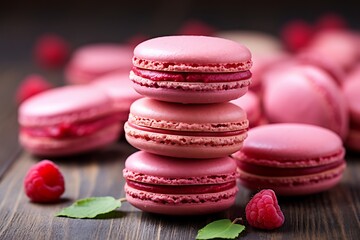 Macaroons with raspberries on a wooden background.