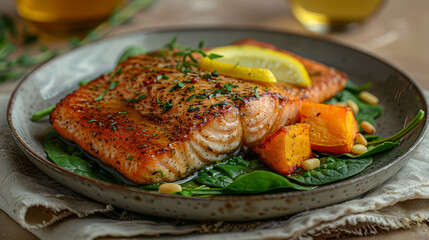  salmon, veggies atop lettuce bed