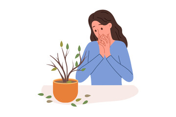 Dried out houseplant in pot causes stress to upset woman who is interested in botany. Discouraged girl sees sick houseplant that has become victim of pests or low-quality fertilizers