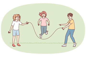 Teenage children stand on lawn jumping rope relaxing during summer vacation or day off. Metaphors of happy childhood with healthy outdoor games and physical activities. Flat vector design