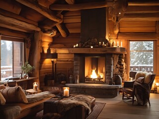 Interior of a log house with fireplace, armchairs and coffee table - 785551666