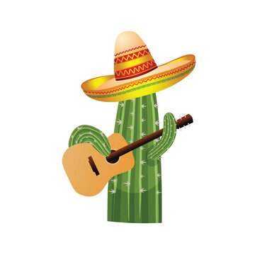 cactus holds guitar in hands with Mexican hat vector illustration on white isolated for Mexican festival poster