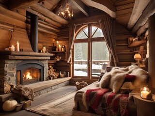 Interior of a log house in the mountains. Wooden log cabin - 785551827