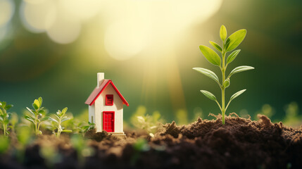 Miniature house on a meadow. A tiny house in forest. Concept of energy saving with modern technology. Real estate business, new homes and mortgages - obrazy, fototapety, plakaty