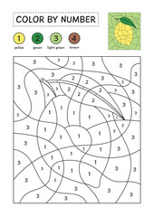 Coloring page with a picture of a lemon to color by numbers. Puzzle game for children education. Simple coloring for kids