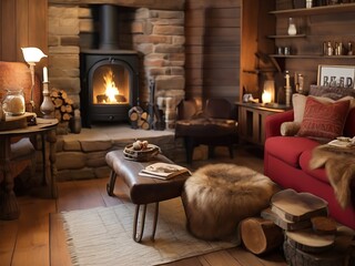 Interior of a cozy living room with fireplace and armchair. - 785552077
