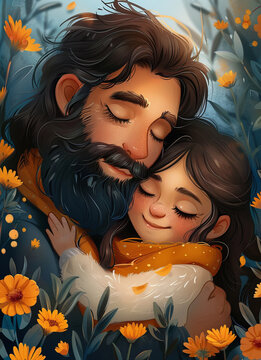 A father with a beard is holding his young daughter close in a loving embrace, surrounded by a variety of vibrant flowers. They both have peaceful expressions, with eyes gently closed