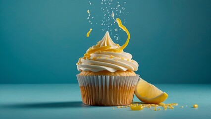 Tasty delicious lemon cream cupcake with lemon zest on light blue background. Beautiful sweet pastry bakery dessert food meal photography illustration wallpaper concept. - obrazy, fototapety, plakaty