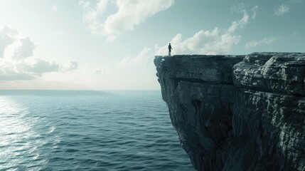 A solitary figure standing at the edge of a cliff, contemplating the vastness of the ocean below,
