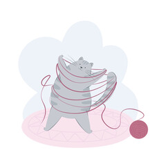 Big cat plays with a ball of yarn. Flat vector illustration of a pet
