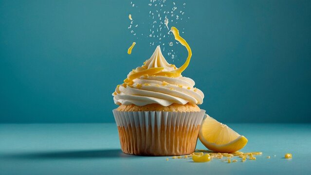 Tasty delicious lemon cream cupcake with lemon zest on light blue background. Beautiful sweet pastry bakery dessert food meal photography illustration wallpaper concept.