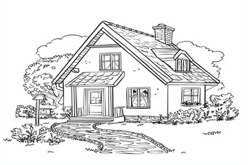 Obraz premium Cute kids coloring page. Landscape with clouds, house. gingerbread house coloring page. A coloring page for kids, bold black lines, of a house.