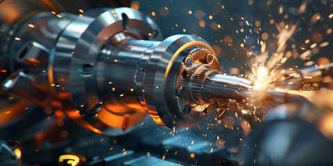 CNC Lathe Machine Tool Cutting Metal with Sparks
