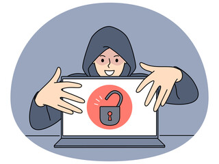 Hacker in hood touching open laptop with padlock symbol on screen steal secure information. Concept of cybersecurity and password and data leakage. Vector illustration. - obrazy, fototapety, plakaty
