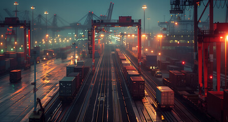 Busy Container Terminal in Nocturnal Activity
