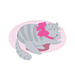 Cute displeased cat with a bow on her pillow. Flat vector illustration of a pet