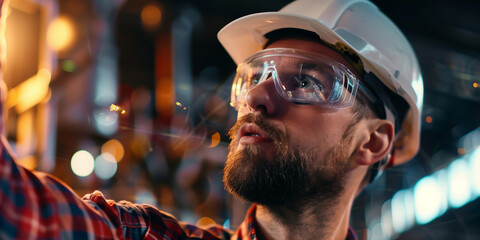 Engineer Overlooking Night Cityscape with Ambition
