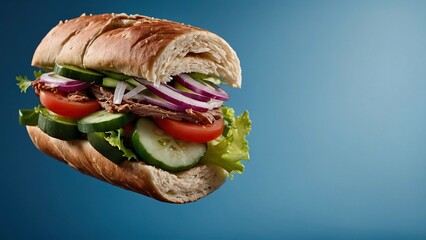Tasty delicious kebab diner sandwich with meat, onion, tomatoes, cucumbers and salad on blue background. Beautiful food meal photography illustration wallpaper concept.