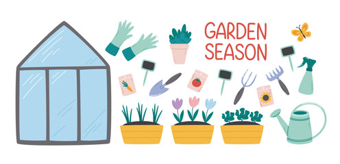 Set of gardening season elements. Plants and garden hobby accessories. Flat vector illustrations collection