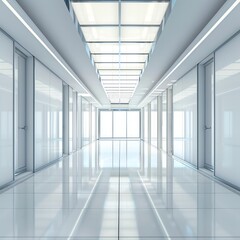 Obraz premium Clean, empty corporate hallway, lines leading to a bright exit, minimalist style, space at top for text.