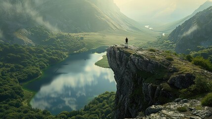 A solitary figure standing at the edge of a cliff, overlooking a serene lake nestled in a lush valley below, - obrazy, fototapety, plakaty