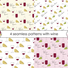 Set of 4 seamless patterns with hand drawn wine themed line art elements. Creative abstract design for prints