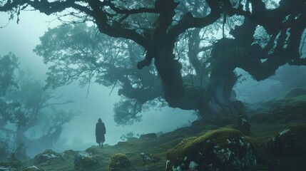 A solitary traveler trekking through a misty forest, the ancient trees shrouded in fog creating an...