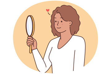 Smiling black woman look in mirror loving reflection