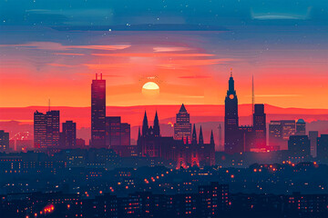Manchester flat vector city skyline illustration - obrazy, fototapety, plakaty