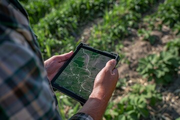 Rural Farmer Analyzing Crop Maps on Digital Tablet - obrazy, fototapety, plakaty