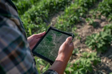 Fotobehang Rural Farmer Analyzing Crop Maps on Digital Tablet © Ilia Nesolenyi