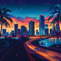 Obraz premium Miami city vector landscape skyline sunset illustration
