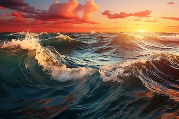A sunset casting warm hues over a vast ocean - Powered by Adobe