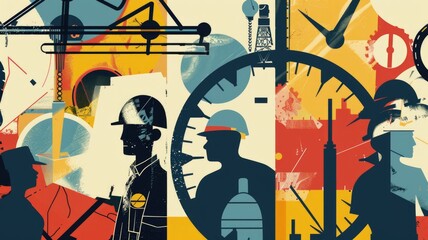 poster featuring iconic symbols for labor rights achievements like a eight-hour day, a minimum wage and a workplace safety