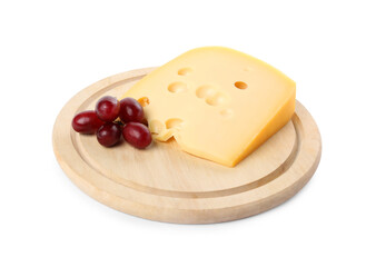 Piece of delicious cheese and grapes isolated on white