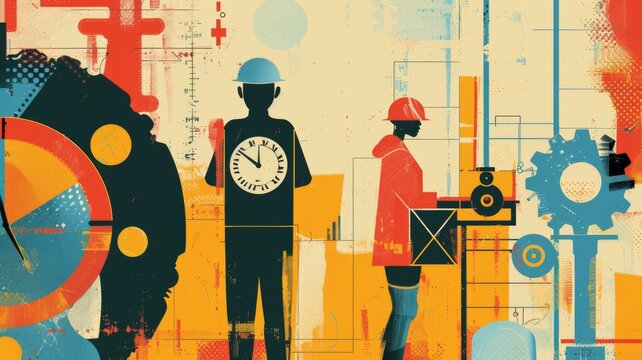 poster featuring iconic symbols for labor rights achievements like a eight-hour day, a minimum wage and a workplace safety