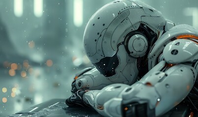 Futuristic robot grapples with ethics, blending cold metallic textures with hints of human emotion, showcasing the internal moral struggle and tension between logic and feeling - obrazy, fototapety, plakaty