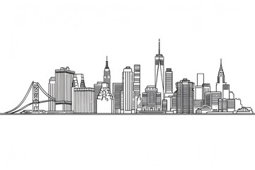 New York City Line Art Stroke Outline Illustration Vector Black and White