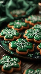 Fototapeta na wymiar Green clovershaped cookies, closeup for St Patricks, lots on a thematic Irish background , 8K , high-resolution, ultra HD,up32K HD
