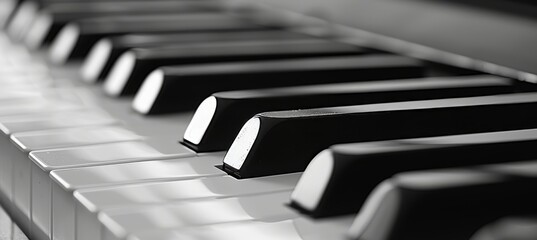 Monochrome close up photo of black and white piano keyboard for detailed examination